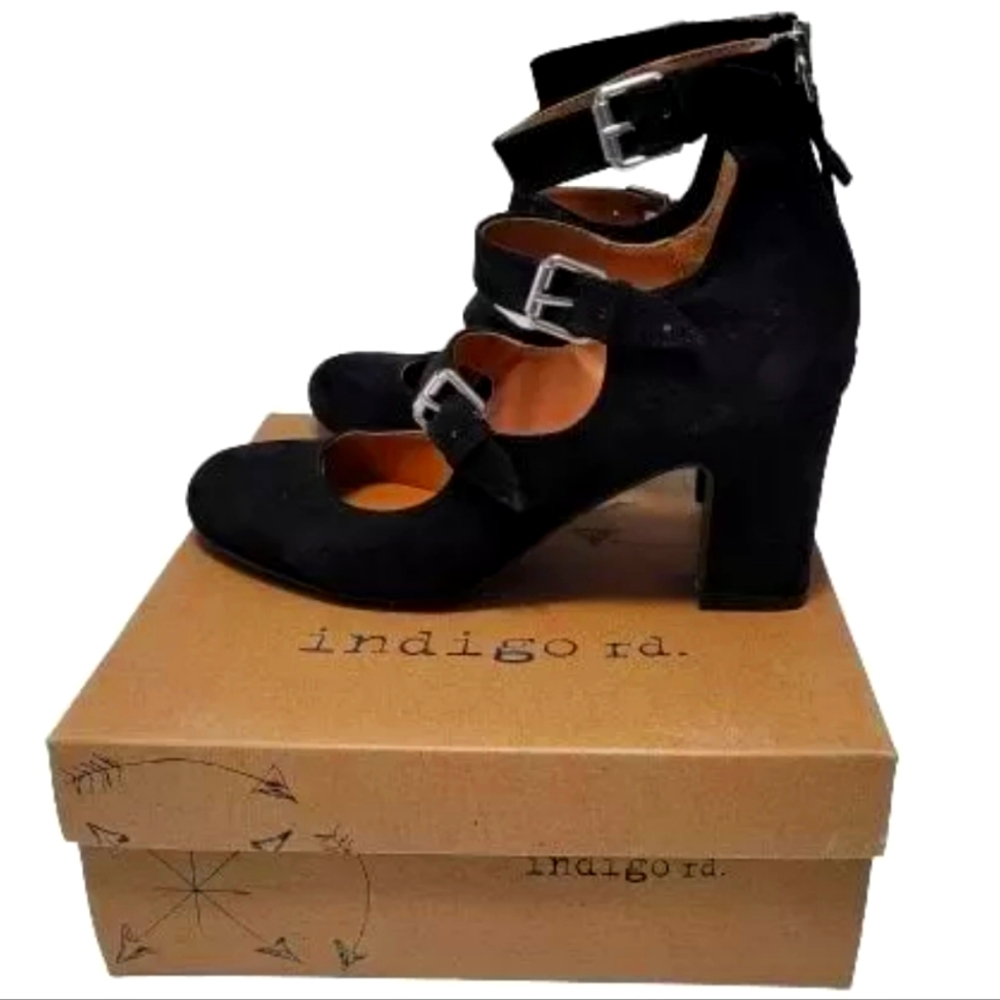 Indigo Rd Black Velvet Three Buckle Strap Heels